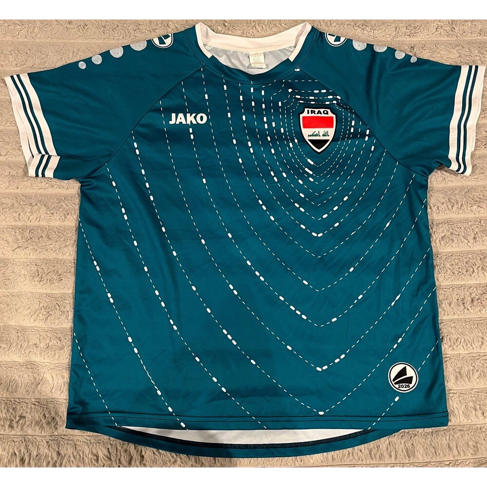 JAKO Iraq National Team Soccer Jersey Teal White Short Sleeve Football Shirt